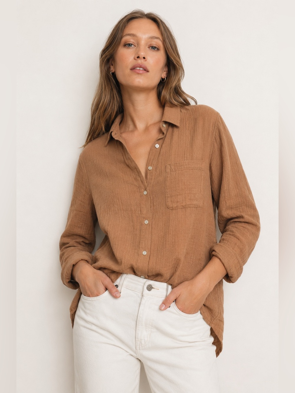 Rails Ellis Top Toasted Coconut Button Up Shirt Blouse XS Brown Gauze